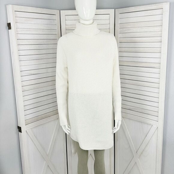 Express Ribbed Asymmetrical Hem Split Side Long Sweater Cream Large Turtle Neck - Picture 1 of 14